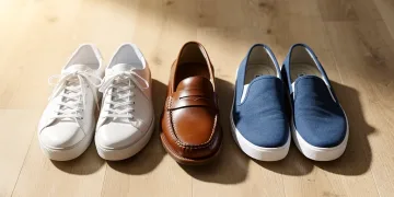 Three casual shoes, white sneakers, brown loafers, blue canvas, arranged for footwear rotation.