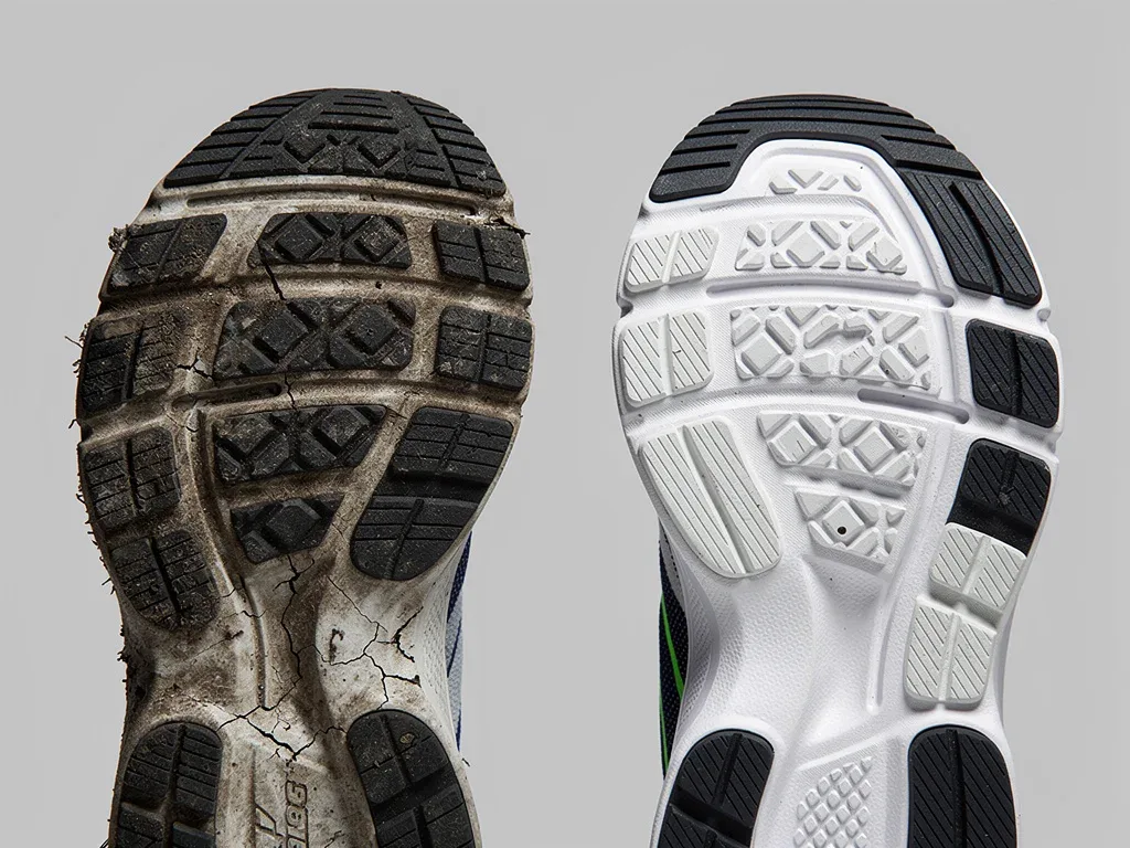 Worn sneaker sole juxtaposed with new sole, illustrating wear and tear.