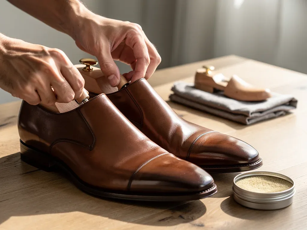 Person inserting shoe tree into leather shoe for maintenance.