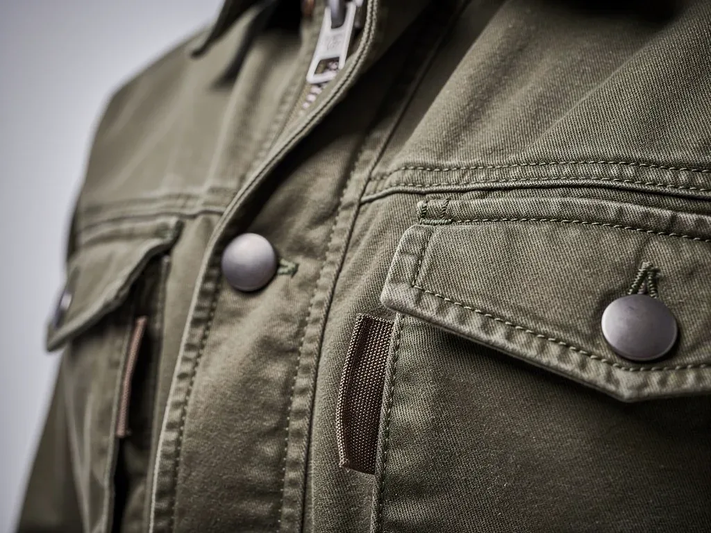 Detailed view of utility jacket stitching and hardware