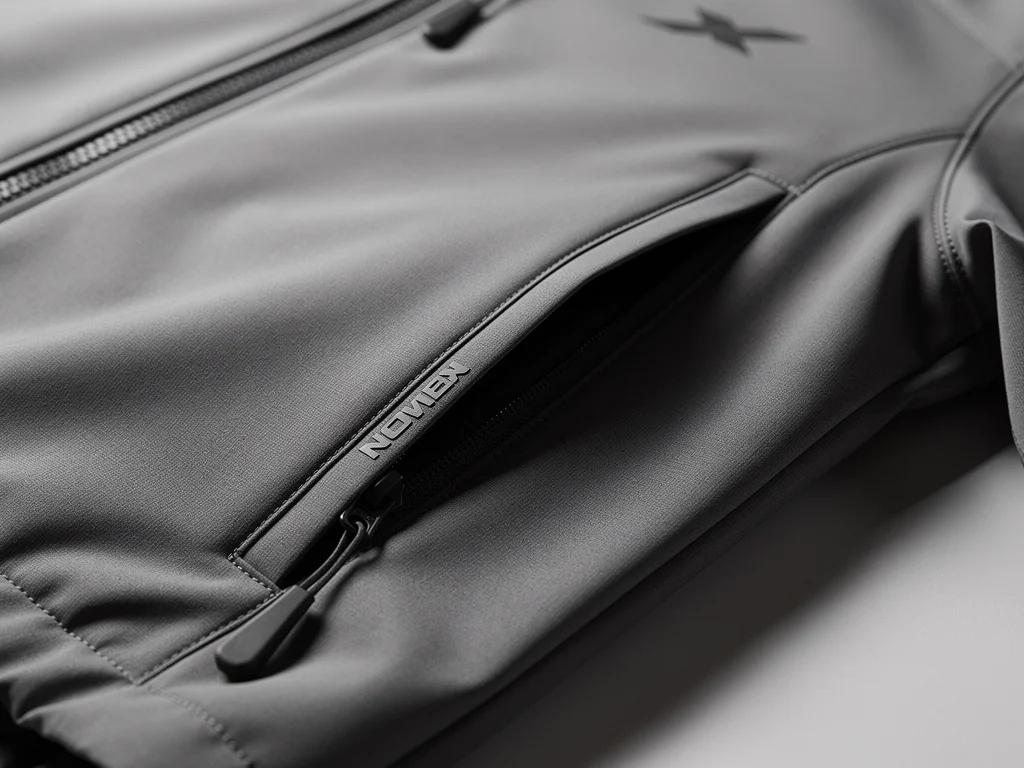 Detail shot of a 2026 casual jacket showcasing innovative features like waterproof zippers and advanced fabric technology.