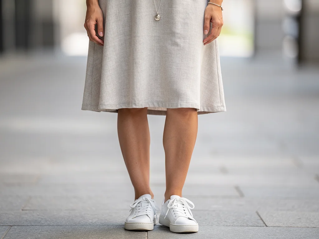 Woman in an A-line casual dress, emphasizing sustainable fabric and simple accessories.
