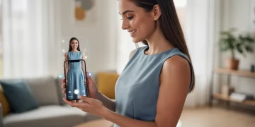 Woman using AR app to virtually try on clothes at home