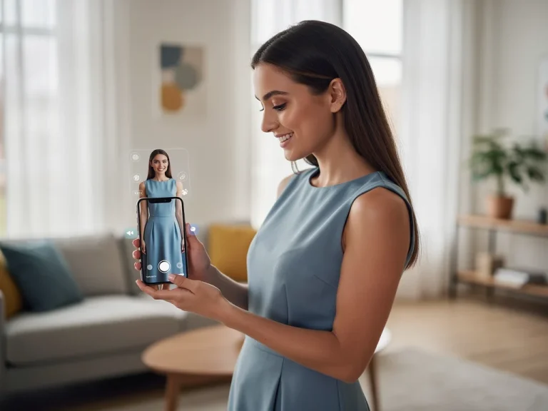 Woman using AR app to virtually try on clothes at home
