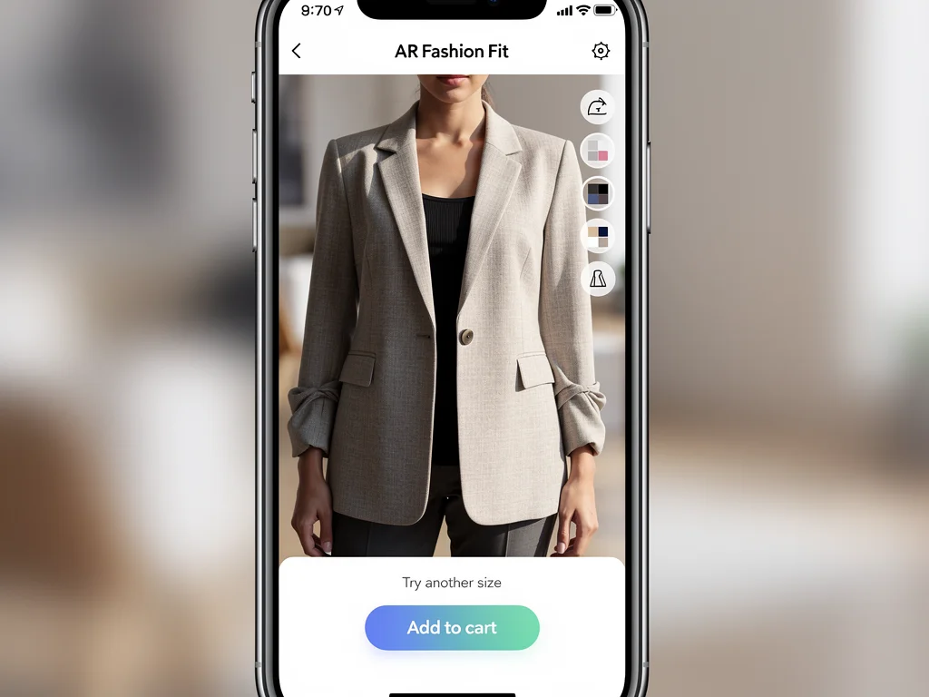 Smartphone displaying augmented reality fashion app with virtual jacket
