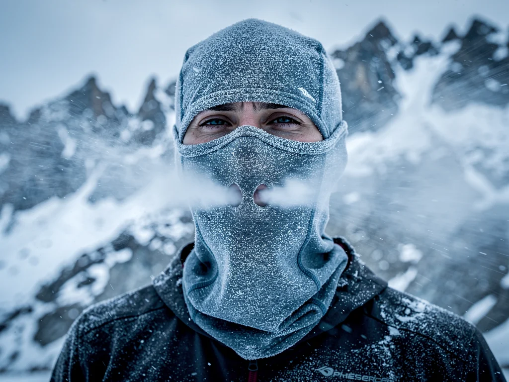 Person wearing balaclava in extreme cold conditions