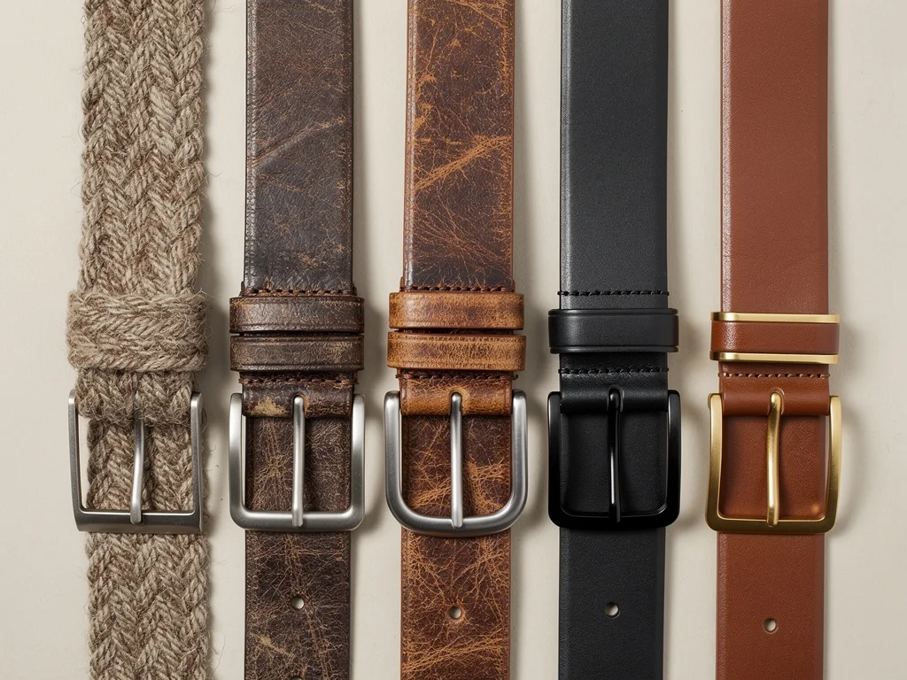 Variety of belt textures and materials for casual wear, including leather, fabric, and unique buckles