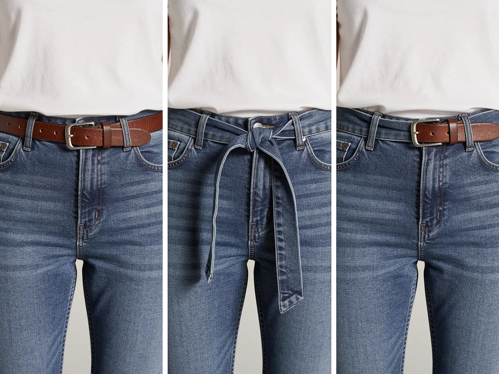 Demonstration of three different belt tying and fastening techniques for casual outfits