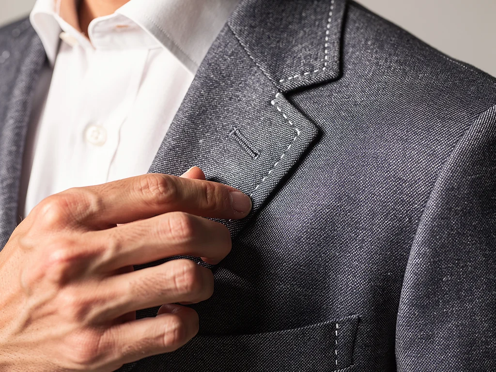 Close-up of a high-quality smart casual blazer fabric and stitching