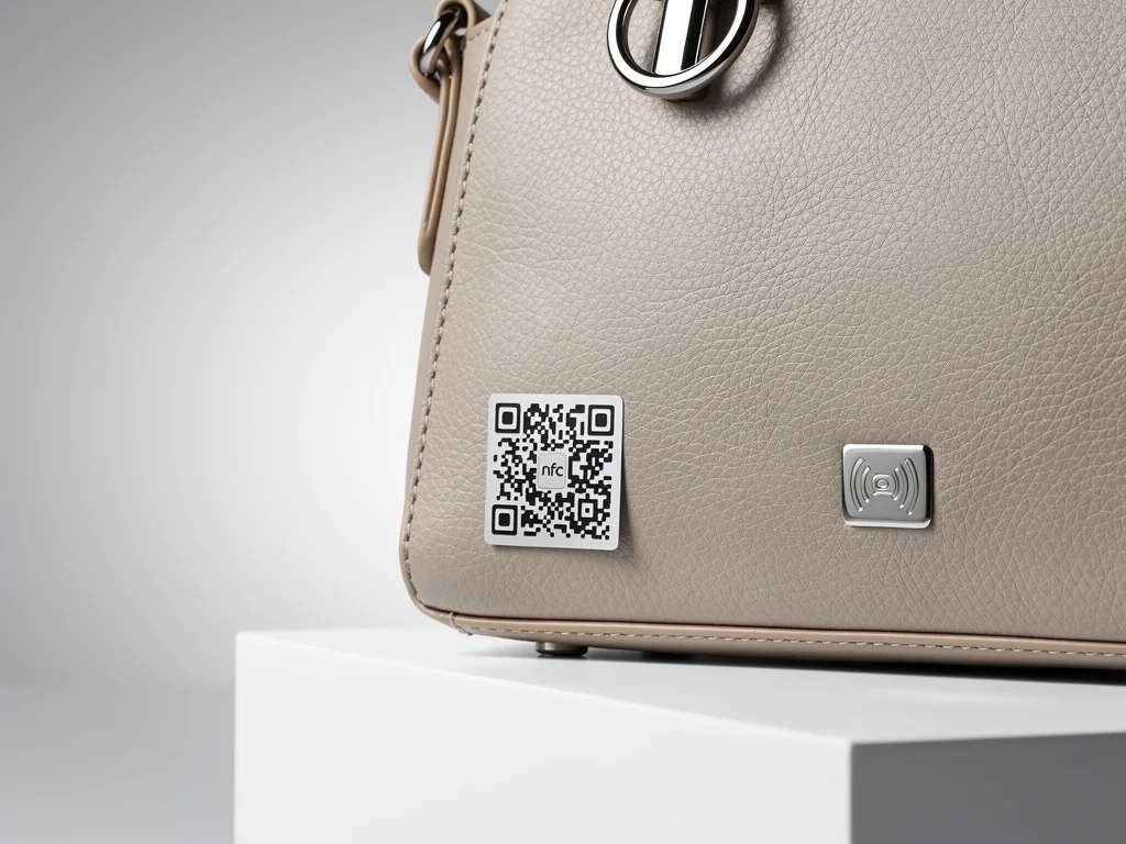 Casual handbag with integrated blockchain authentication chip.