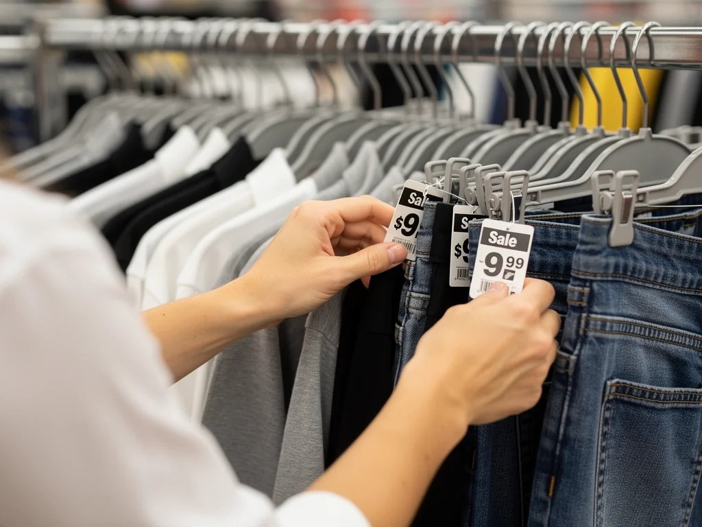 Hands selecting budget-friendly clothing for capsule wardrobe