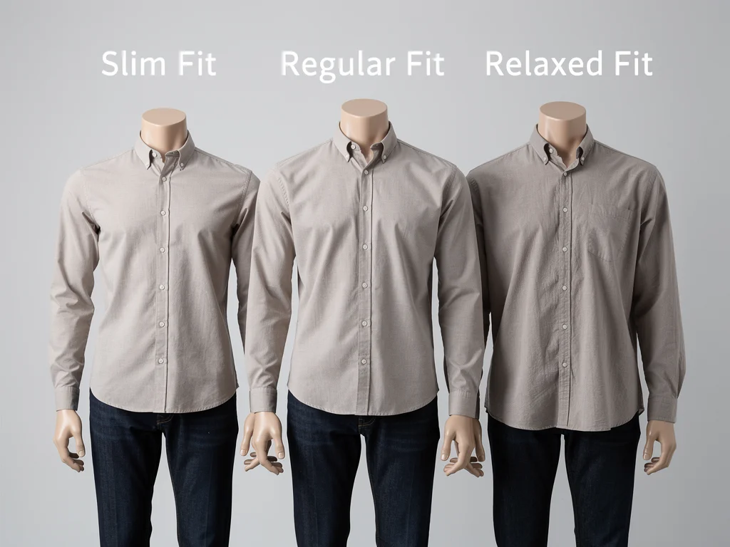 Mannequins displaying slim, regular, and relaxed fits of casual button-down shirts