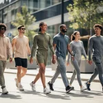 Stylish individuals showcasing casual athleisure trends in an urban setting
