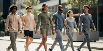Stylish individuals showcasing casual athleisure trends in an urban setting
