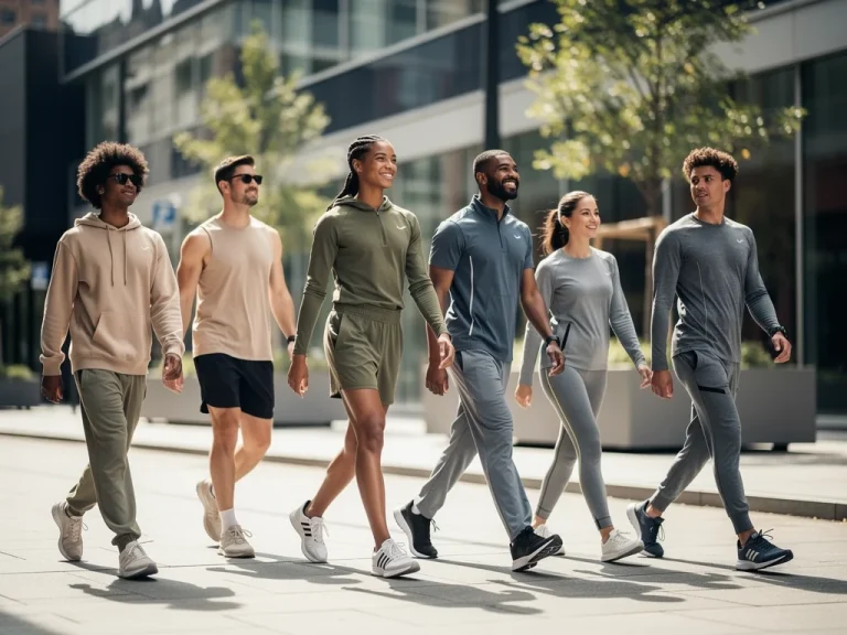 Stylish individuals showcasing casual athleisure trends in an urban setting