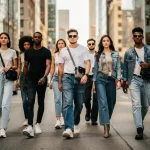The Ultimate 2026 Guide to Casual Denim: Perfect Fit & Style Diverse group in stylish casual denim walking urban street