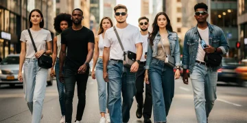 Diverse group in stylish casual denim walking urban street