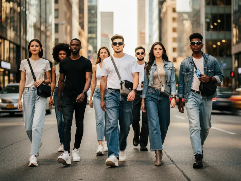 Diverse group in stylish casual denim walking urban street
