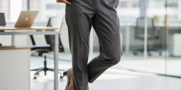 Model in comfortable, wrinkle-resistant casual dress pants