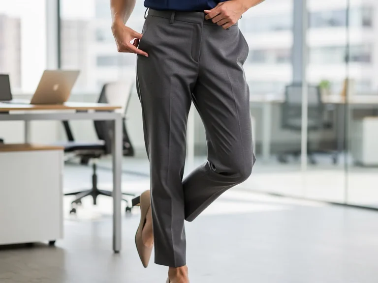 Model in comfortable, wrinkle-resistant casual dress pants