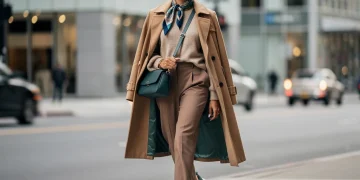 Woman in stylish casual outfit with warm neutrals and muted teal