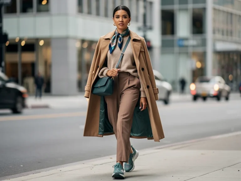 Woman in stylish casual outfit with warm neutrals and muted teal