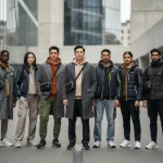 Casual Outerwear 2026: Style & Functionality Across 4 Brands Stylish individuals showcasing casual outerwear trends for 2026 in an urban setting.