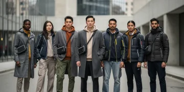 Stylish individuals showcasing casual outerwear trends for 2026 in an urban setting.