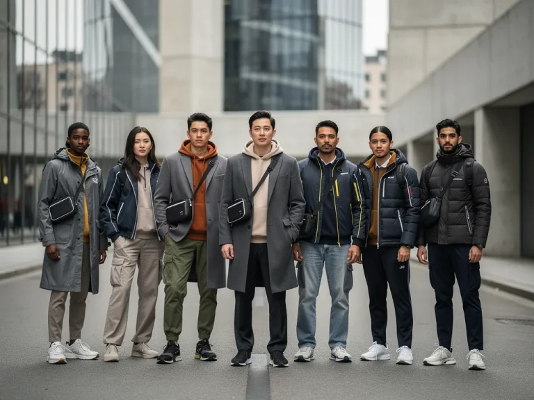 Stylish individuals showcasing casual outerwear trends for 2026 in an urban setting.