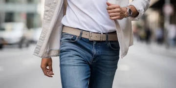 Stylish person accessorizing casual outfit with a modern leather belt for 2026 fashion trends
