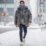 Stylish person in a snowy city, demonstrating casual layered winter fashion
