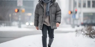 Stylish person in a snowy city, demonstrating casual layered winter fashion