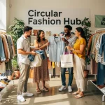 Circular Fashion: Top 5 US Brands in Rental & Resale People engaging in clothing exchange at a circular fashion pop-up event, showcasing sustainable style.