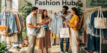 People engaging in clothing exchange at a circular fashion pop-up event, showcasing sustainable style.
