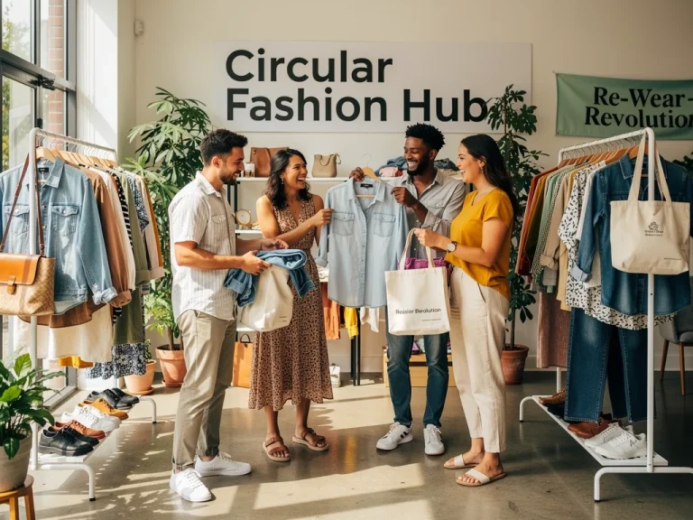 People engaging in clothing exchange at a circular fashion pop-up event, showcasing sustainable style.