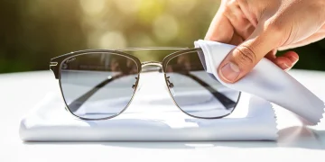 Hand cleaning sunglass lenses with microfiber cloth