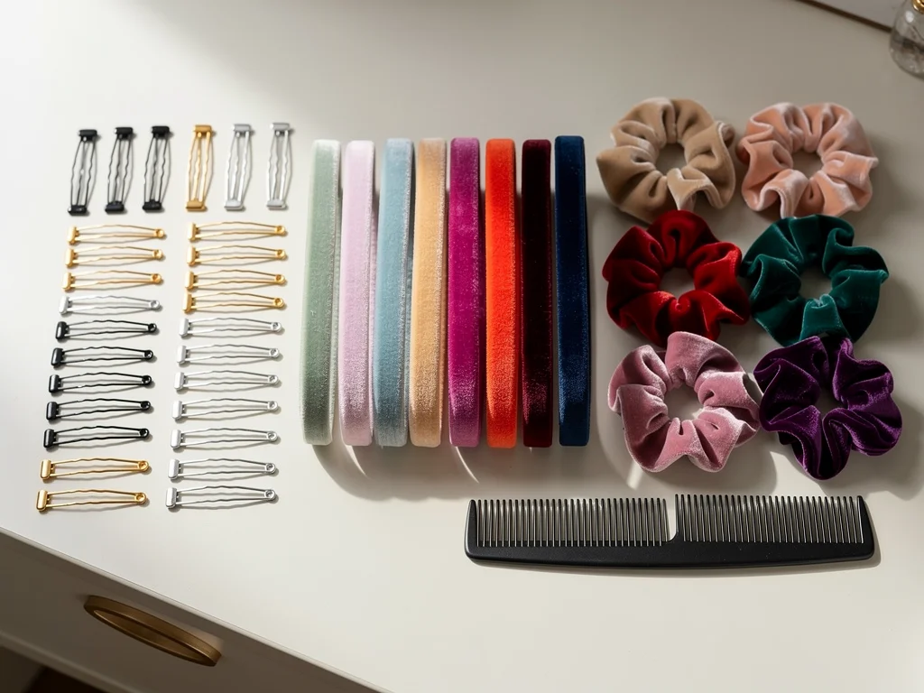 Assortment of essential hair accessories on a vanity table