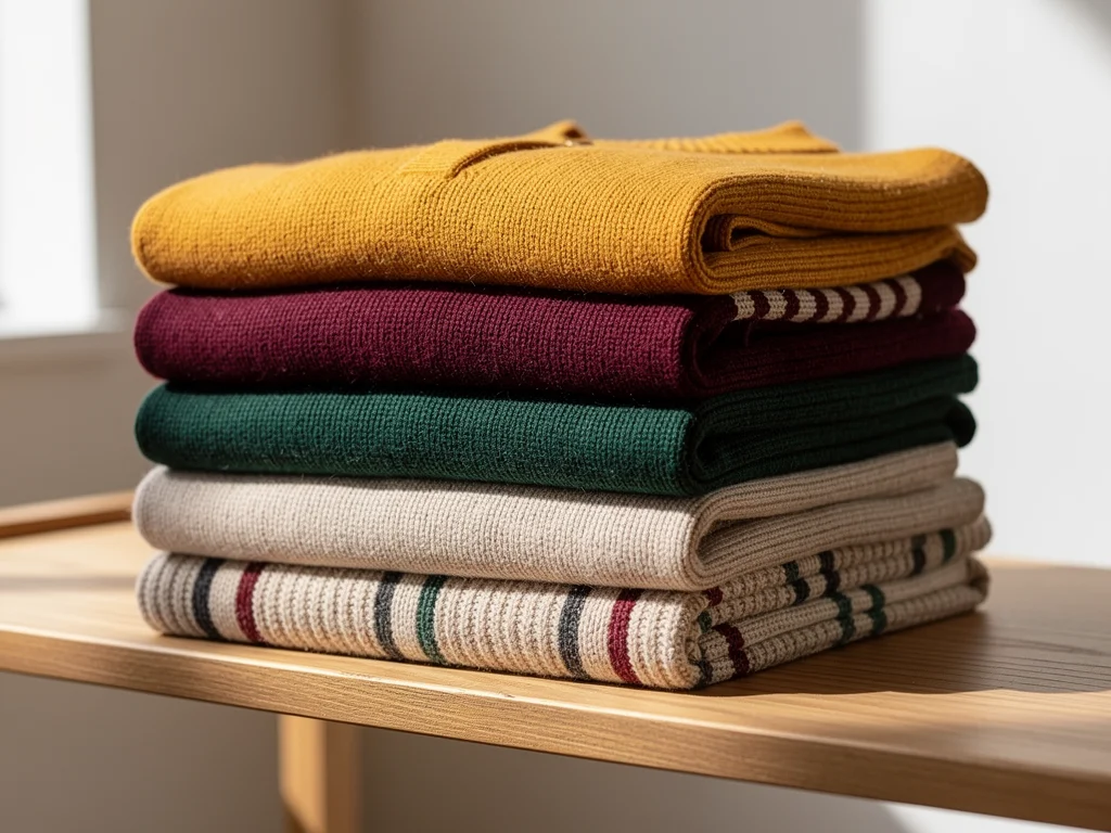 Stack of warm, colorful casual sweaters on a shelf