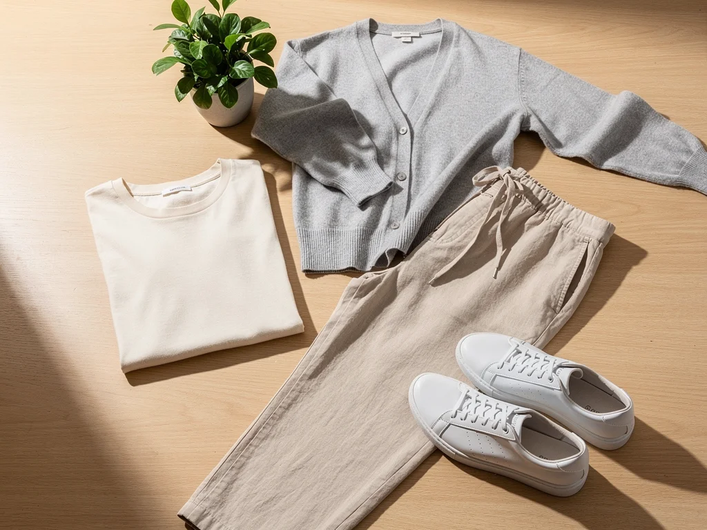 Flat lay of comfort core essentials: organic cotton tee, linen pants, cashmere cardigan, minimalist sneakers.