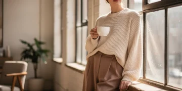 Woman in oversized knit and wide-leg trousers, embodying the comfort core trend in a modern setting.