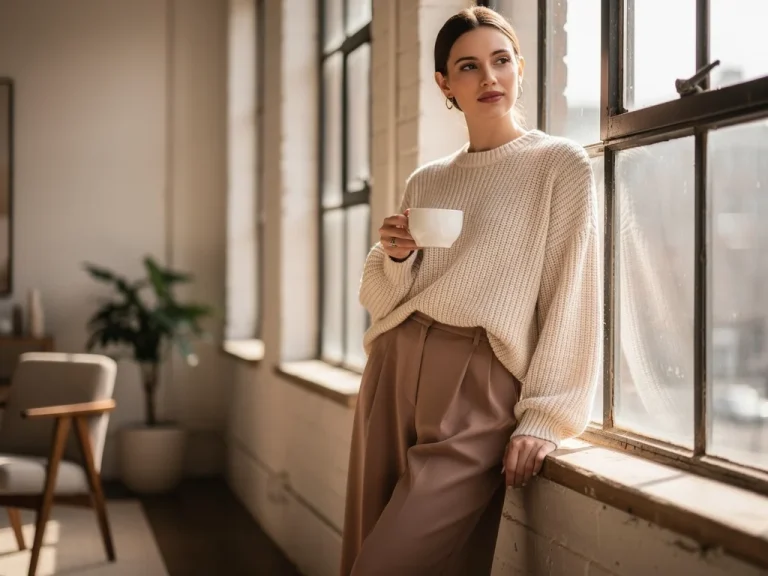 Woman in oversized knit and wide-leg trousers, embodying the comfort core trend in a modern setting.