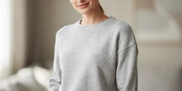 Model in a cozy, pilling-resistant light gray casual sweater