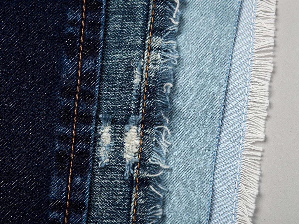 Close-up of various denim fabric textures and washes