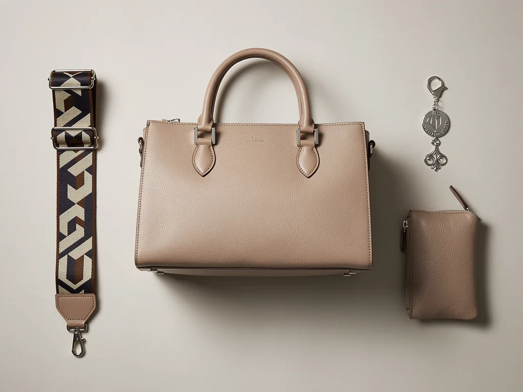 Designer handbag with interchangeable straps and charms