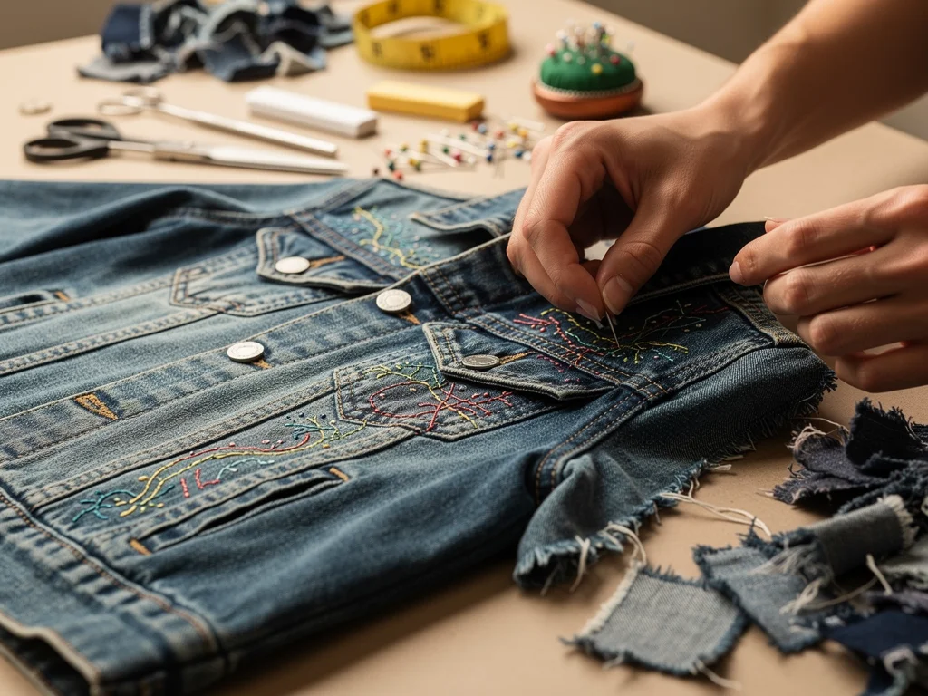 Designer hand-stitching intricate details onto an upcycled denim jacket, emphasizing craftsmanship in sustainable fashion.