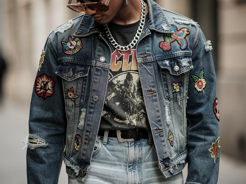 Close-up of a person showcasing detailed vintage-inspired casual wear with distressed denim and retro accessories.