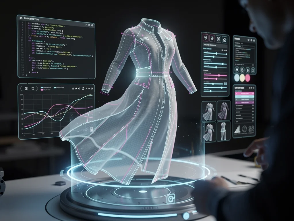 Digital designer creating virtual clothing on a futuristic holographic interface.
