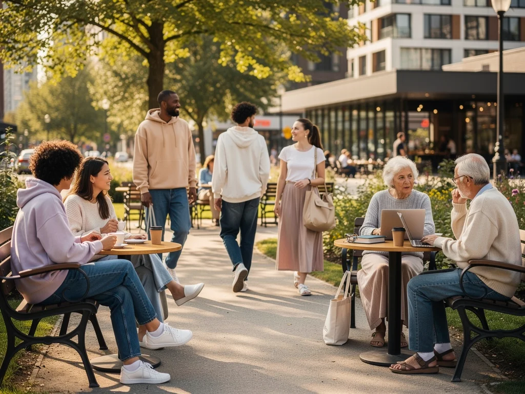 Diverse group in urban setting wearing various relaxed comfort core outfits, highlighting inclusivity.