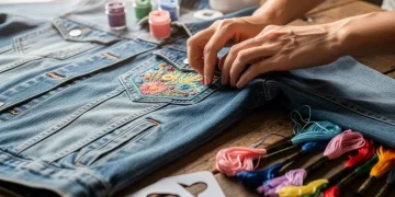 Hands customizing a denim jacket with a DIY personalization kit, showcasing creativity and personal style.