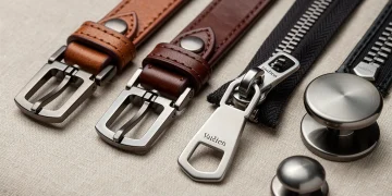 Collection of durable handbag accessories like metal clasps, leather straps, and zippers